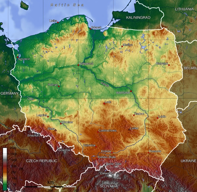 výšková mapa Polska