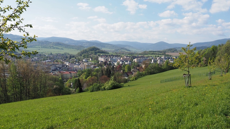 pohled na město z třešňové aleje
